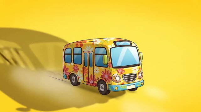 Colorful bus decorated for International Day of Charity on a bright yellow background with a shadow.