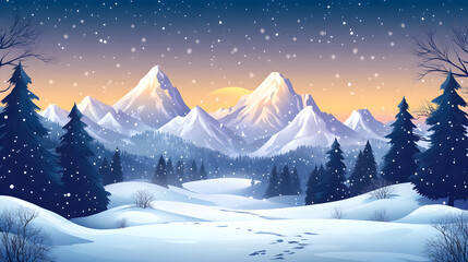 Obraz premium Nighttime snow scene with snowy mountains and forest