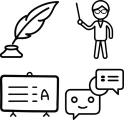 A collection of hand-drawn icons representing education, teaching, writing, and communication. Features a quill pen, a teacher with a pointer, a whiteboard, and speech bubbles.