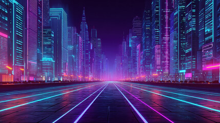 Fototapeta premium Neon Cityscape of Tomorrow A Vibrant Urban Scene with Glowing Lights and Futuristic Architecture at Night