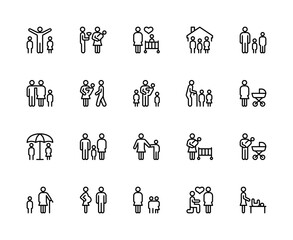 Family related vector linear icons set. Contains such icons as daughter, son, grandmother, grandfather, brother, sister, happy family, love, parenting and more.