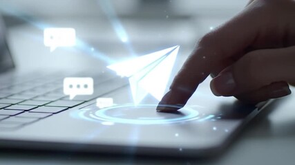 Sending Email with Laptop Touchpad and Paper Plane Icon - Communication and Technology Concept - Powered by Adobe