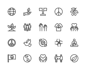 Peace related vector linear icons set. Contains such icons as world, peace, harmony, unity, global, earth, planet, international and more.