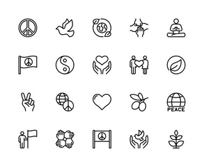 Peace related vector linear icons set. Contains such icons as coexistence, diplomacy, peace symbol, dove, olive branch, heart and more.