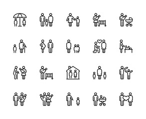 Family related vector linear icons set. Contains such icons as brother, sister, happy family, love, parenting, care, child and more.