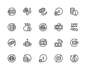 Money movement related vector linear icons set. Contains such icons as send, receive, exchange, currency, banking and more.