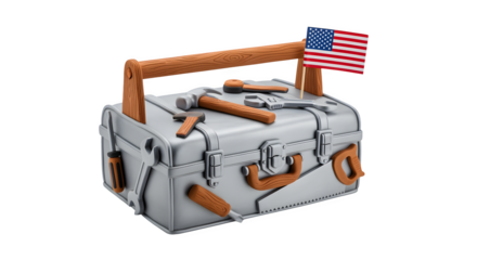 Cake shaped like a toolbox with fondant tools and edible American flag topper Labor Day dessert design isolated on white background