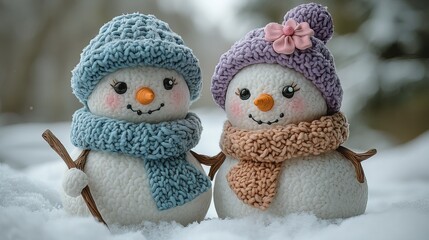 Obraz premium Clay Snowmen Duo in Snow Scene: Blue Hat Scarf and Purple Hat Pink Bow, Full Body White Background HD