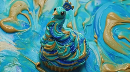 Detailed peacock figurine atop a swirl of teal and gold paint.