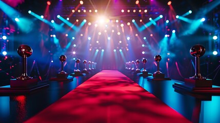 Fototapeta premium Red carpet leads to a brightly illuminated stage with vibrant blue theatrical spotlights.