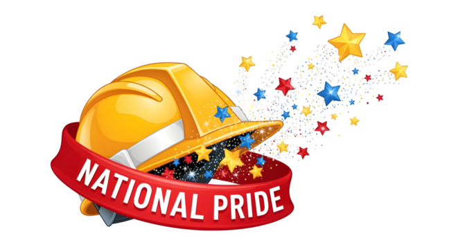 Cartoon construction helmet filled with stars and sparkles labeled national pride isolated on white background - Powered by Adobe