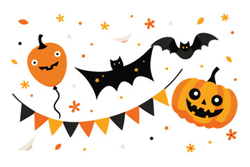 Whimsical halloween illustration featuring smiling pumpkins bats festive bunting and playful floral accents against a clean white backdrop