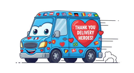 Cartoon delivery van decorated with flags and heart stickers tribute to delivery workers isolated on white background