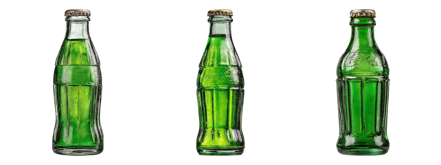 Vintage Green Glass Bottles with Cork Caps on White Background