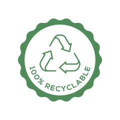 100 Percent Recyclable Product Badge in Minimal Green Seal with Recycling Arrows Icon