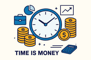 Obraz premium Time is money concept with clock coins briefcase and financial charts illustration