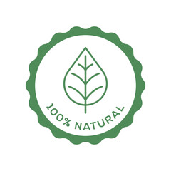 Minimal Line 100 Percent Natural Eco Badge with Leaf Icon in Green Seal Design