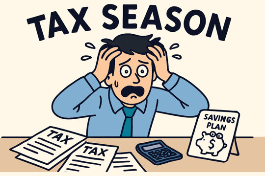 Man overwhelmed and stressed during tax season with paperwork and calculator