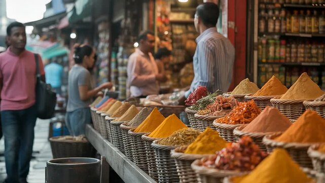 Bustling Spice Market with Shoppers Browsing Vibrant Piles of Turmeric, Chili, Cumin, and Exotic Spices in Traditional Bazaar