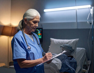 Senior female nurse in blue scrubs writing on a clipboard in a dimly lit hospital room at night.