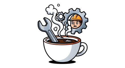 Cartoon style coffee cup with worker face steam shaped like a gear and a wrench as a stir stick isolated on white background