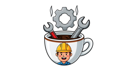 Cartoon style coffee cup with worker face steam shaped like a gear and a wrench as a stir stick isolated on white background