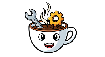 Cartoon style coffee cup with worker face steam shaped like a gear and a wrench as a stir stick isolated on white background