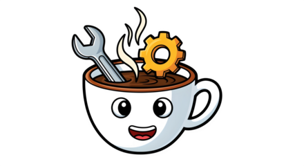 Cartoon style coffee cup with worker face steam shaped like a gear and a wrench as a stir stick isolated on white background