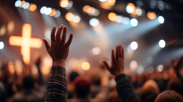 A crowd raising their hands in worship with a cross and stage lights in the background at a church