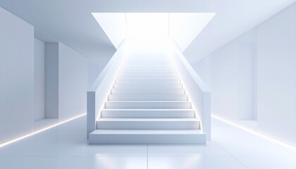 Obraz premium 光が差す白い階段 シンメトリー