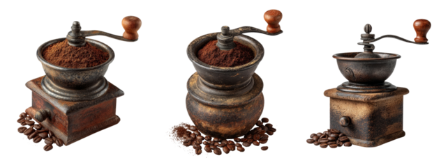 Antique Coffee Grinders Set with Coffee Beans on White Background
