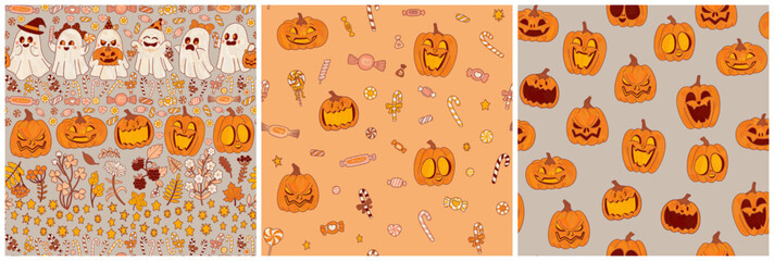 Three festive Halloween patterns set. Funny pumpkins and sweets. Caramels, sweets and lollipop canes with orange autumn leaves.