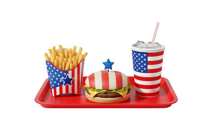 Fast food tray with burger fries and drink all decorated in American flag patterns party meal theme isolated on white background
