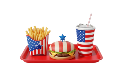 Fast food tray with burger fries and drink all decorated in American flag patterns party meal theme isolated on white background