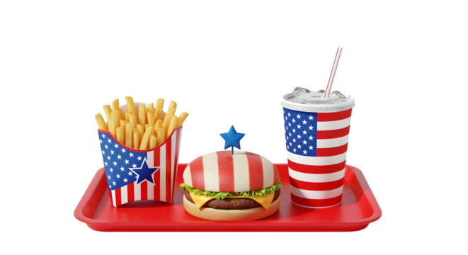 Fast food tray with burger fries and drink all decorated in American flag patterns party meal theme isolated on white background