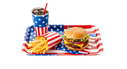 Fast food tray with burger fries and drink all decorated in American flag patterns party meal theme isolated on white background