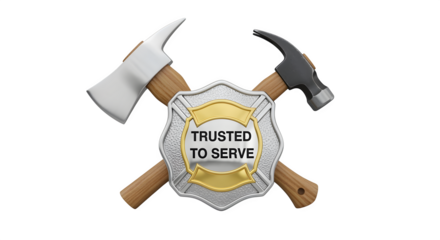 Firefighter axe crossed with hammer behind shining badge reading trusted to serve isolated on white background
