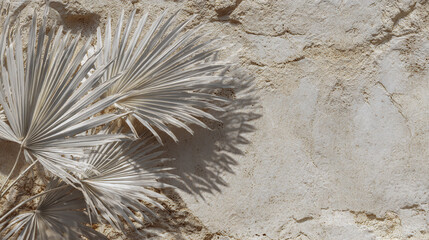 Minimalist white palm frond pattern on a sandy background, clean tropical design, subtle natural textures, high-resolution.