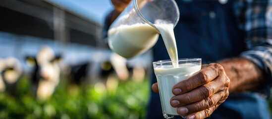 Farmer pouring fresh milk into glass at dairy farm