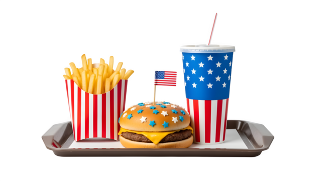 Fast food tray with burger fries and drink all decorated in American flag patterns party meal theme isolated on white background