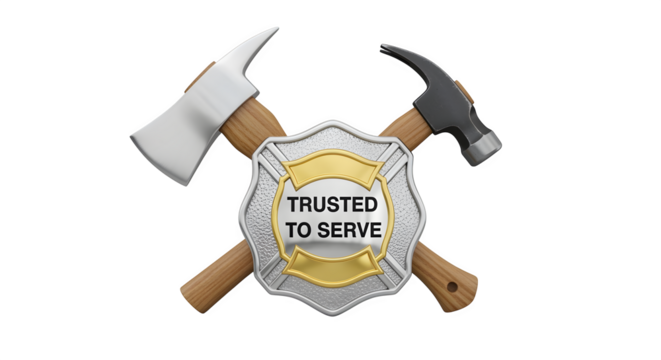 Firefighter axe crossed with hammer behind shining badge reading trusted to serve isolated on white background