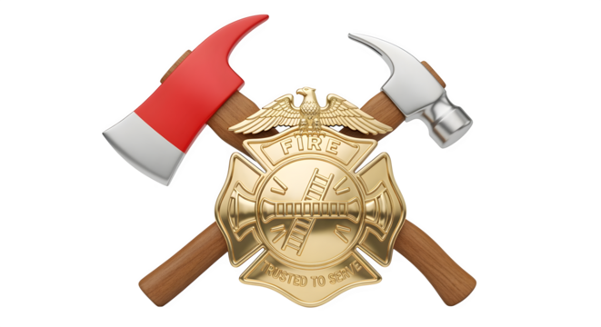 Firefighter axe crossed with hammer behind shining badge reading trusted to serve isolated on white background