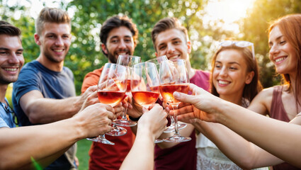 Obraz premium Happy friends toasting with rosé wine in summer garden party