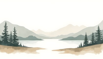 watercolor illustration of an outdoor landscape  pine trees, distant mountains, a calm lake or stream, and open sky