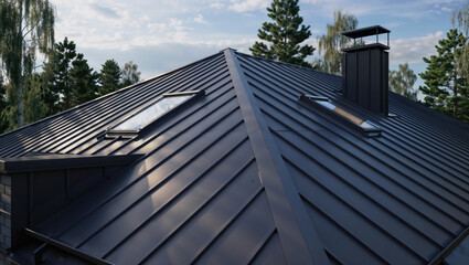 Modern standing seam metal roof with skylights and chimney