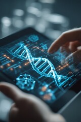 Tablet with futuristic biotechnology interface, featuring holographic medical diagrams, DNA double helix structures. Artificial intelligence in genetics, bioinformatics, advanced biomedical research.