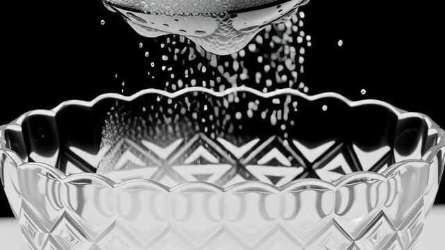 Spoon Pouring Sugar Into Crystal Bowl with Dark Background for Sweet and Baking Food Ingredient