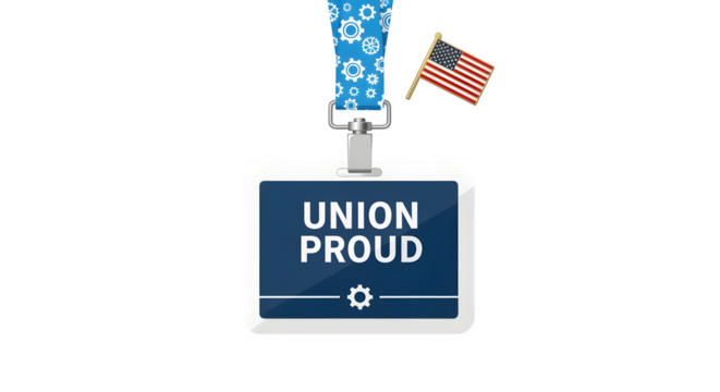 Flat design ID badge labeled Union Proud with gear pattern lanyard and mini flag pin isolated on white background