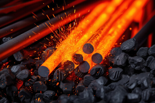 Hot metal rods generating orange sparks on coal