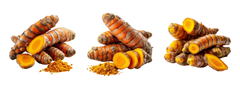 Fresh Turmeric Roots and Powder Isolated on White Background
